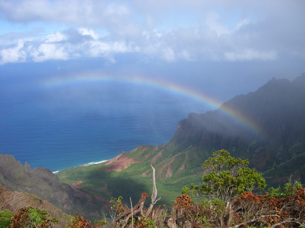 a rainbow over a mountain