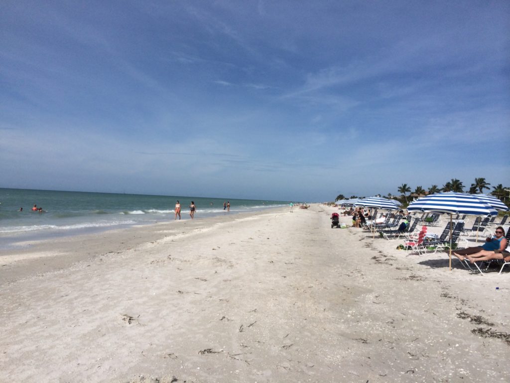 a beach with umbrellas and chairs