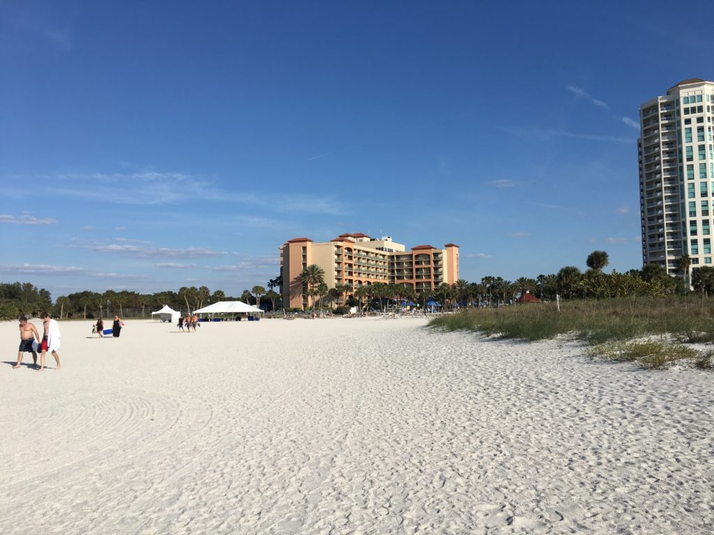 a beach with a building and trees