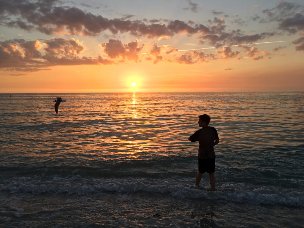 a person standing in the water at sunset