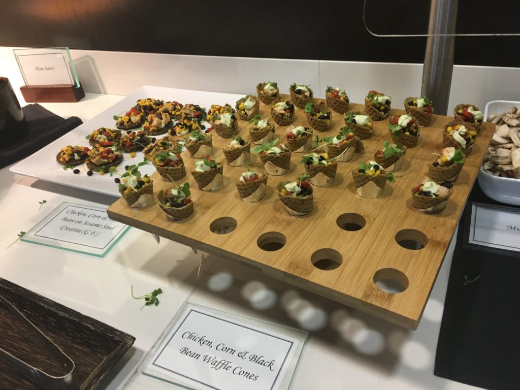 a wooden board with food on it