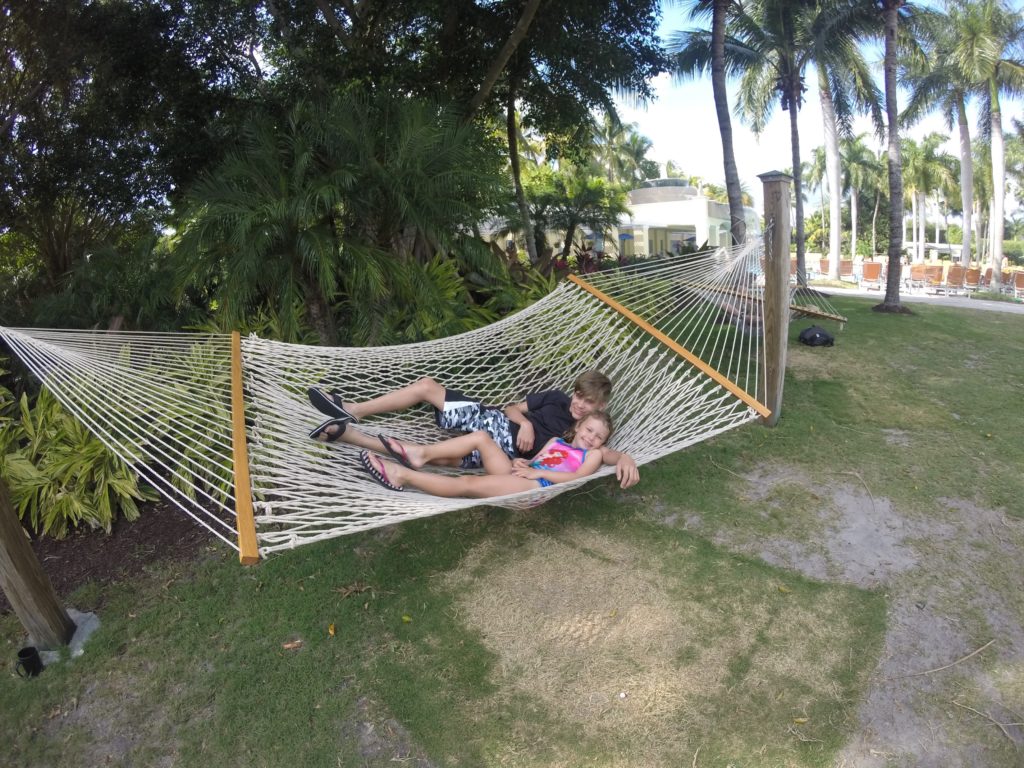a couple of people lying in a hammock
