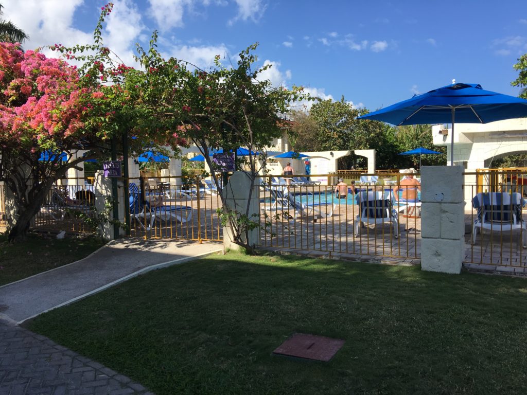 a fenced in pool with umbrellas and chairs