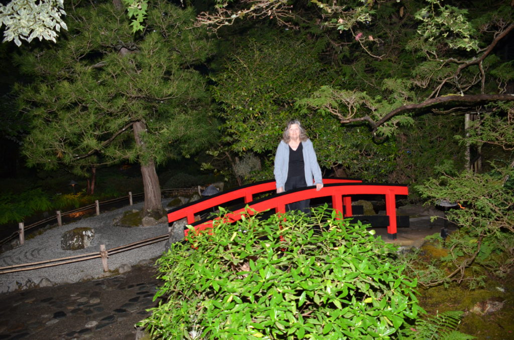 a woman standing on a red bridge