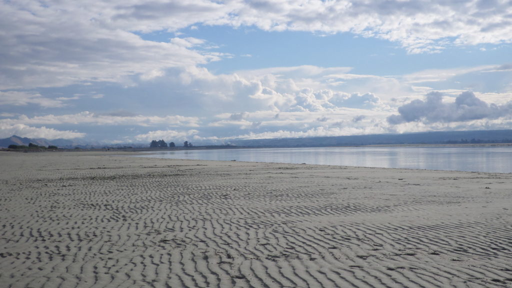 a sandy beach with water and clouds in the sky