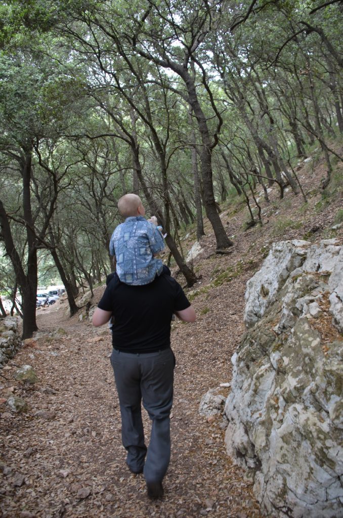 a man carrying a child on his shoulders