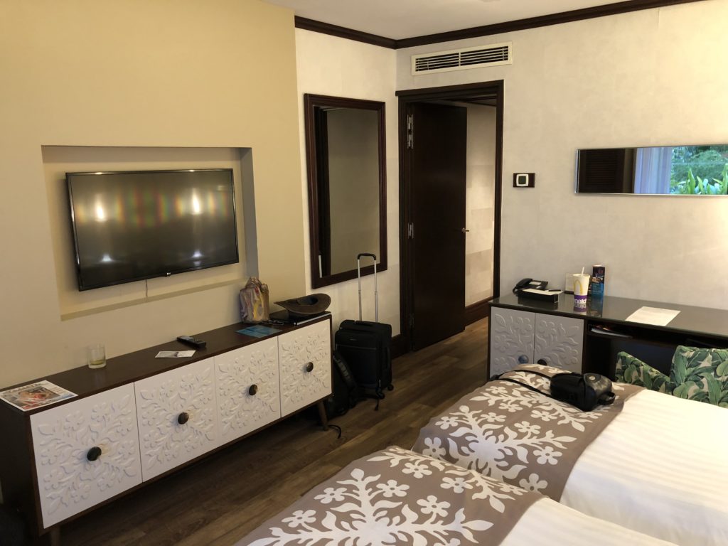 a room with two beds and a television
