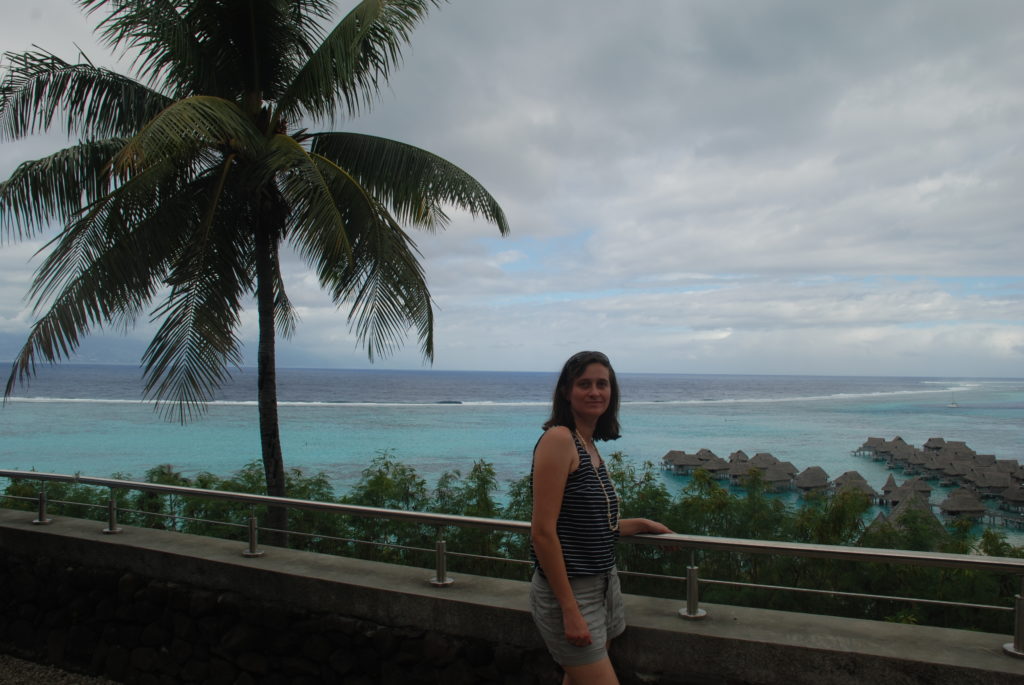 a woman standing on a ledge by a railing with a palm tree and a beach