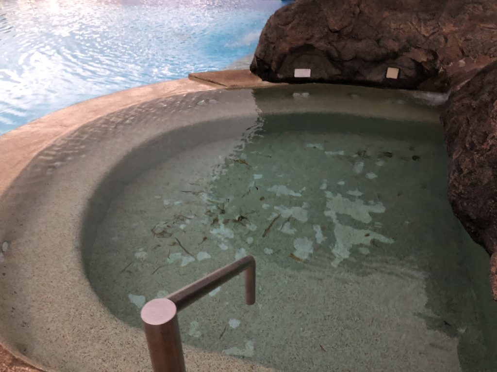 a pool with a metal railing