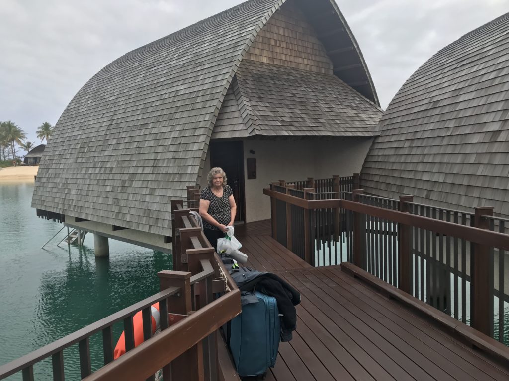 a woman standing on a deck with luggage on it