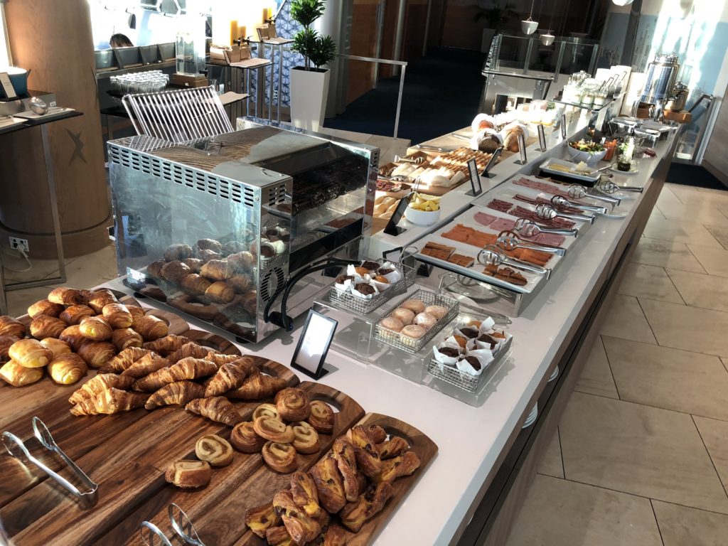 a buffet table with food on it