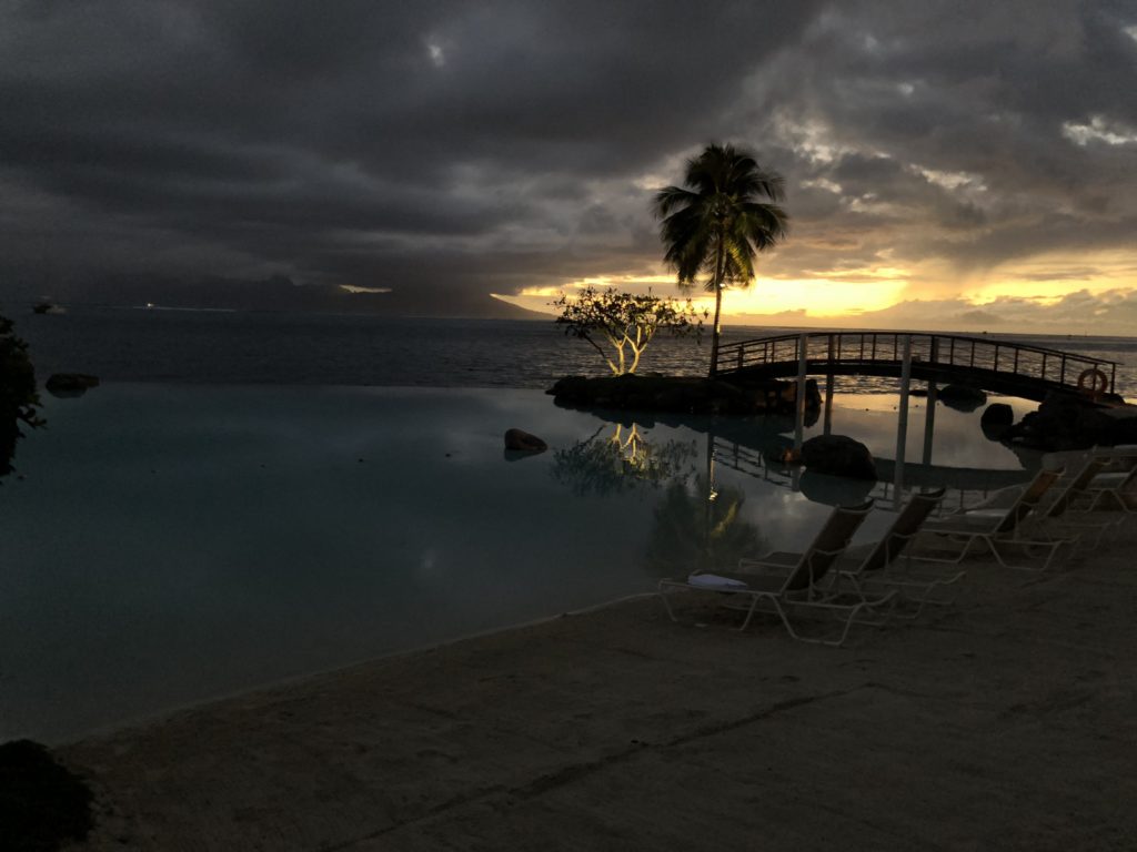 a body of water with a bridge and palm trees
