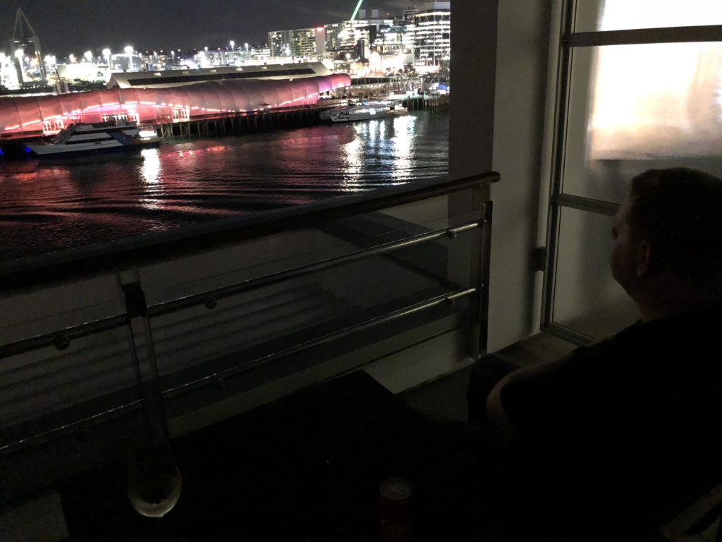 a person looking out a window at a city at night