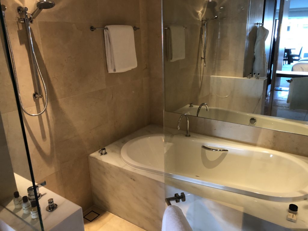 a bathroom with a bathtub and shower