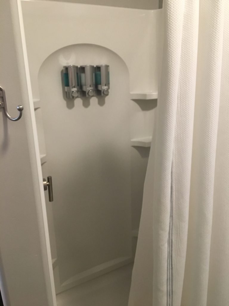 a shower curtain in a bathroom
