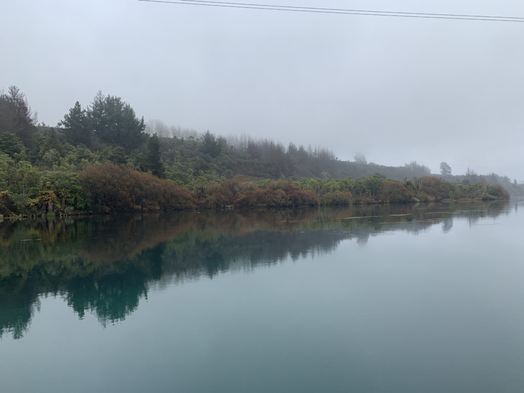 a body of water with trees and a hill in the background