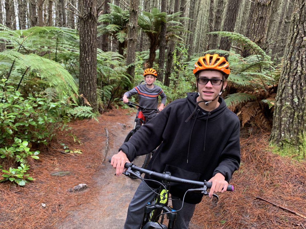 two people riding bikes in the woods