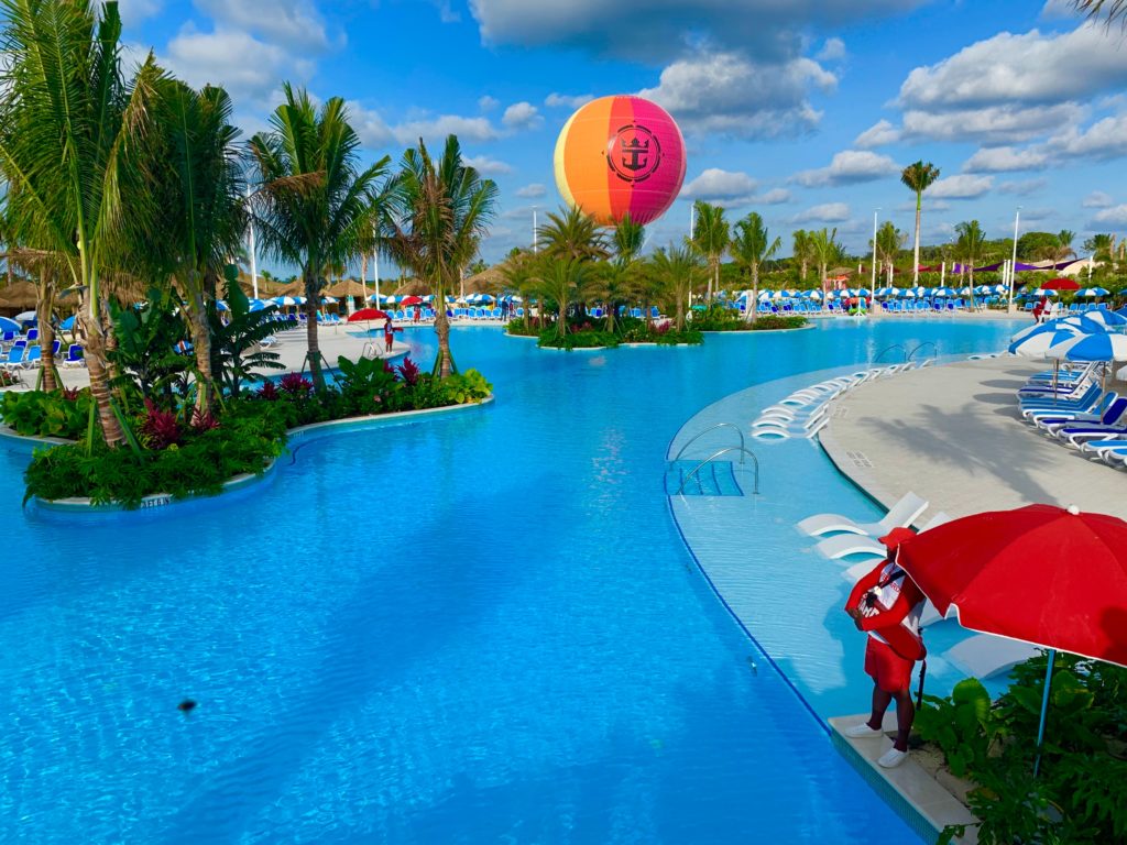 a pool with a hot air balloon