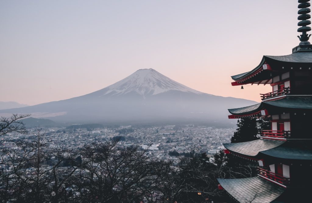 a view of a city and a mountain