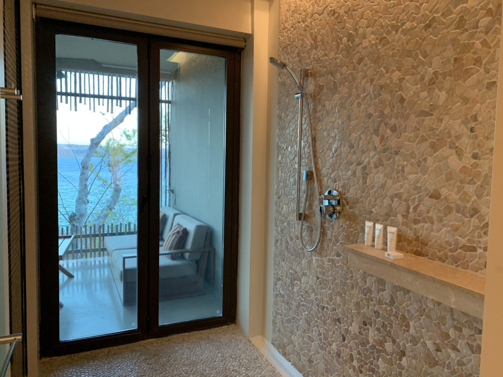 a shower with a glass door