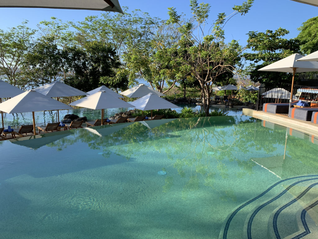 a pool with umbrellas and a deck chair