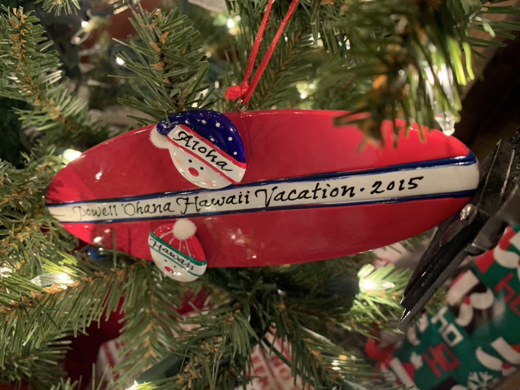 a christmas tree decoration with a surfboard