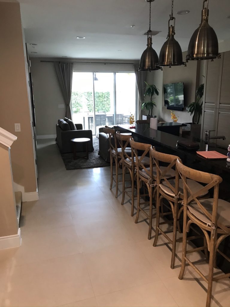 a room with a bar and chairs