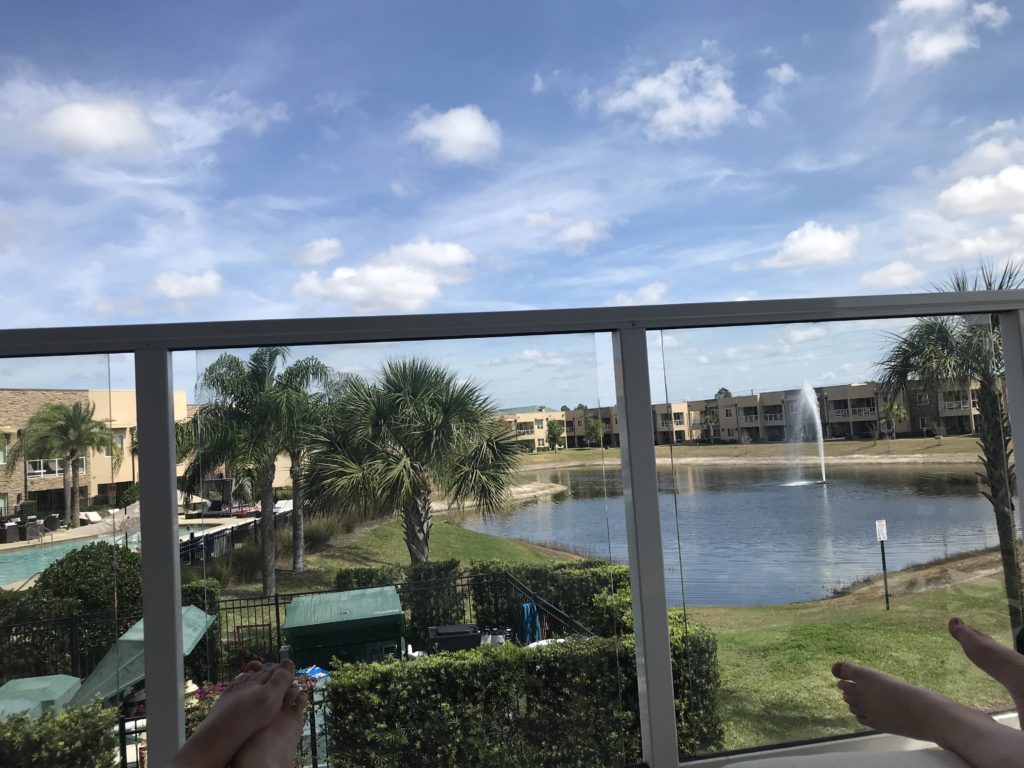 a view of a pond and trees from a balcony