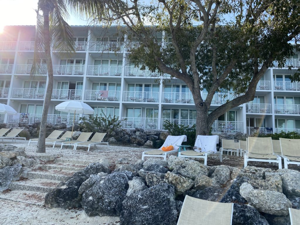 a group of chairs and umbrellas in front of a building