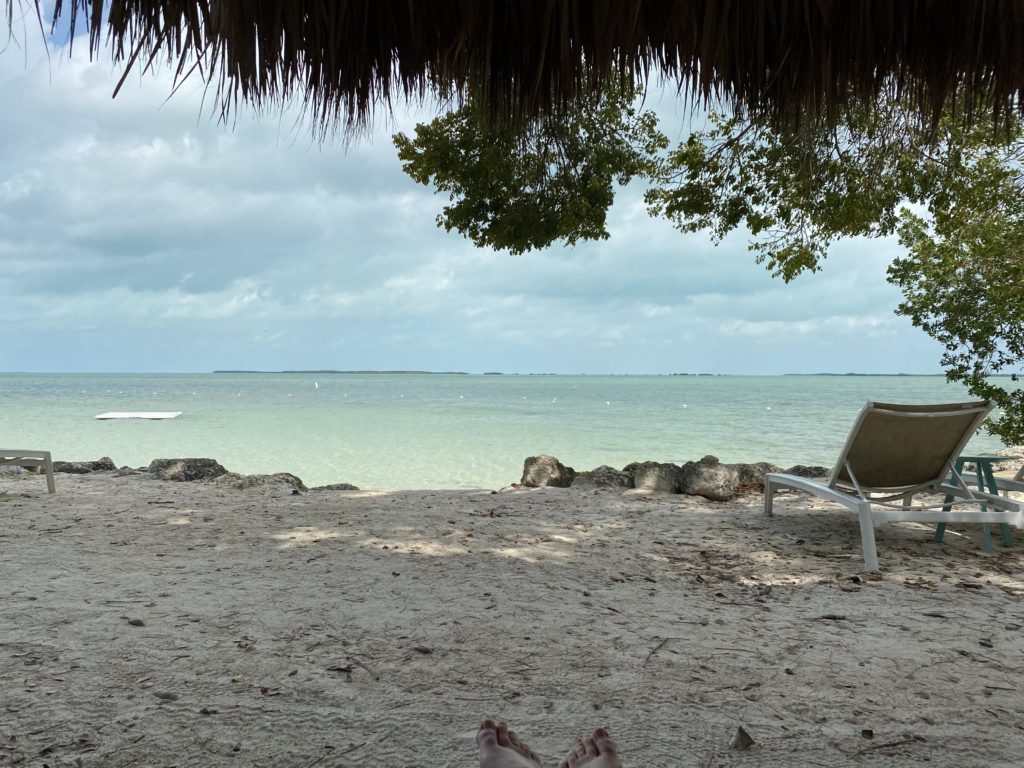 a beach with a chair and a body of water