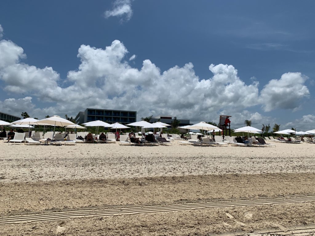a group of people sitting on a beach with umbrellas