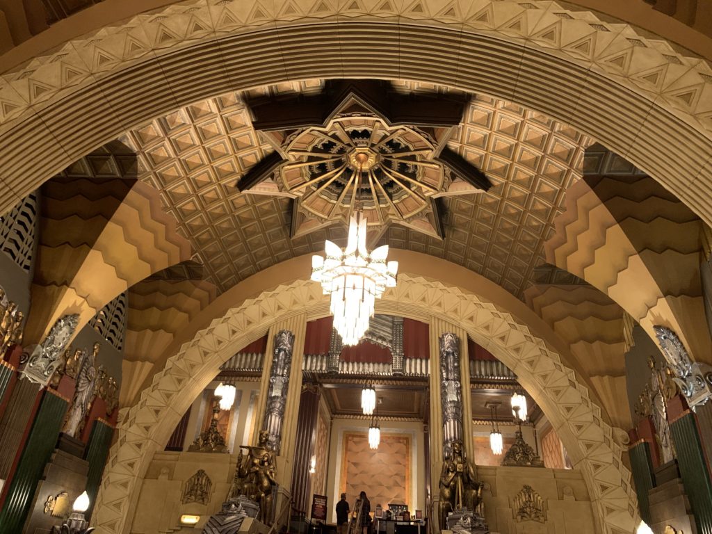 a chandelier in a building