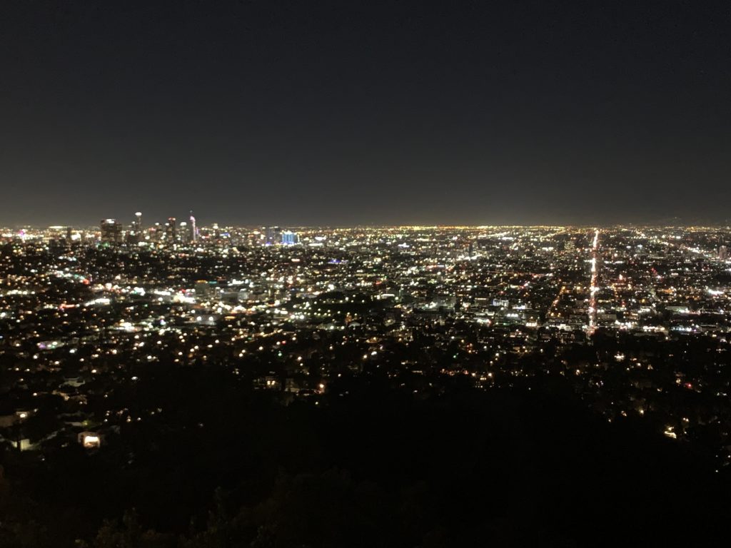a city at night with trees