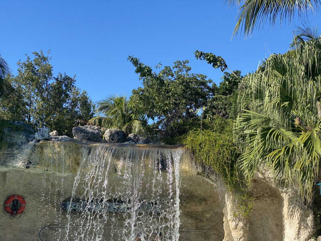 a waterfall over rocks with trees and blue sky