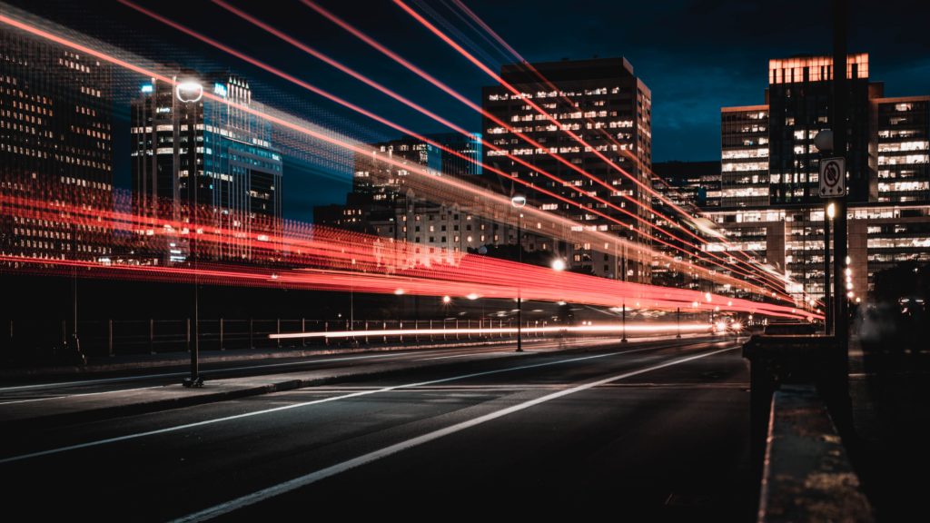 a city street with lights