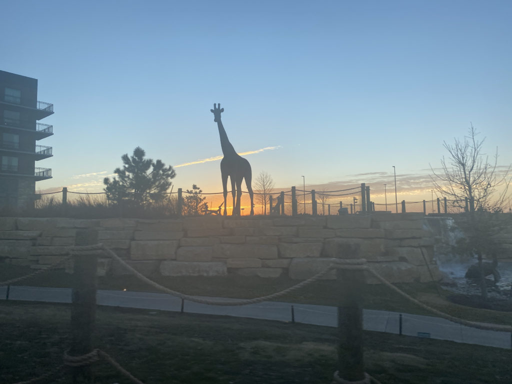 a giraffe statue in a park