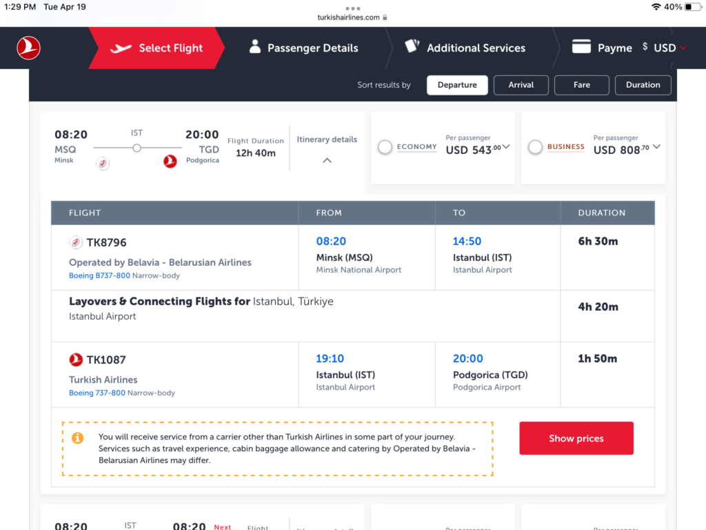 a screenshot of a flight schedule