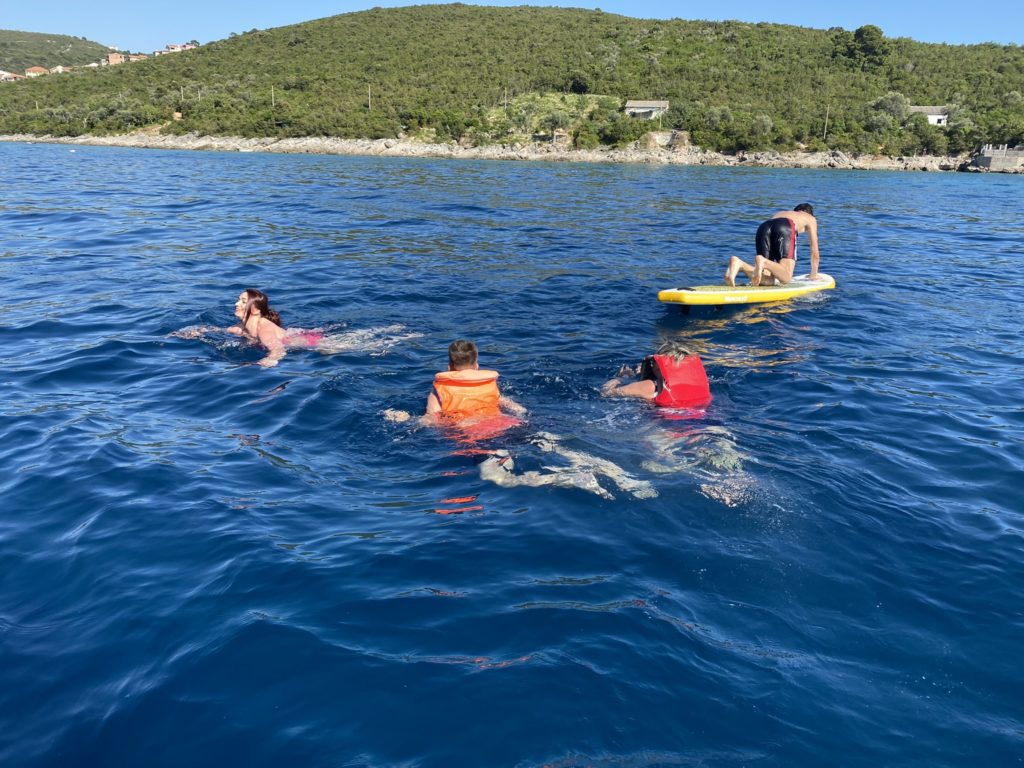 a group of people swimming in the water