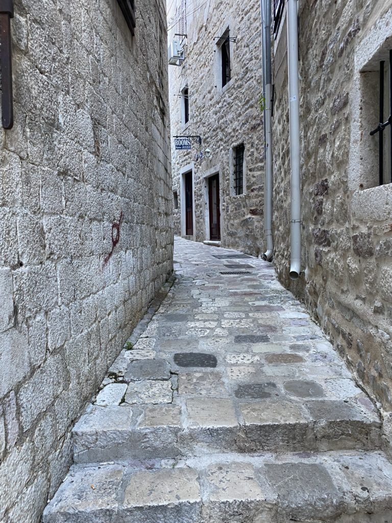 a stone alleyway between buildings