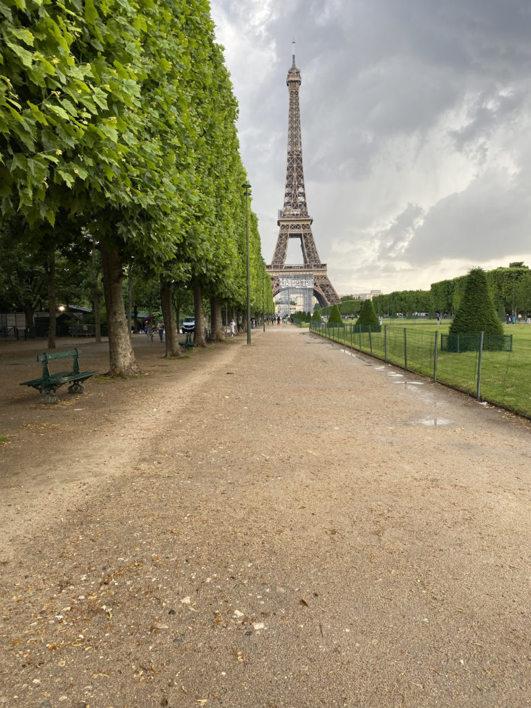 a path with trees and a metal tower in the distance