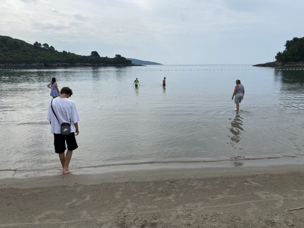 a group of people on a beach
