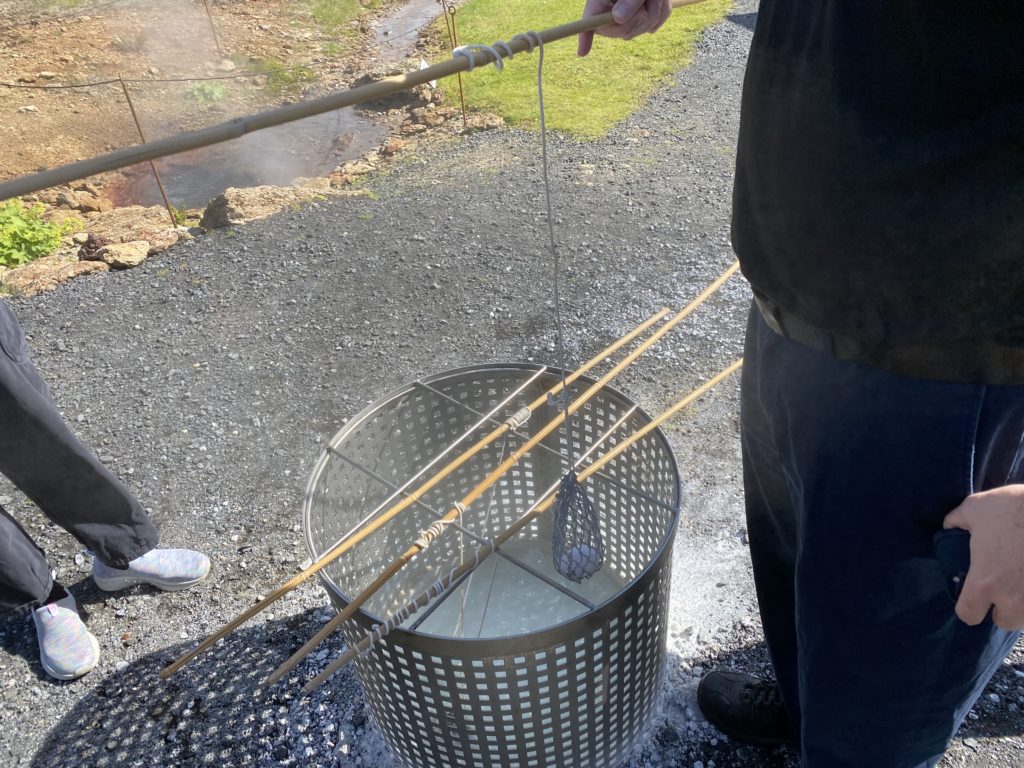 a person holding a basket with sticks over a bucket of water