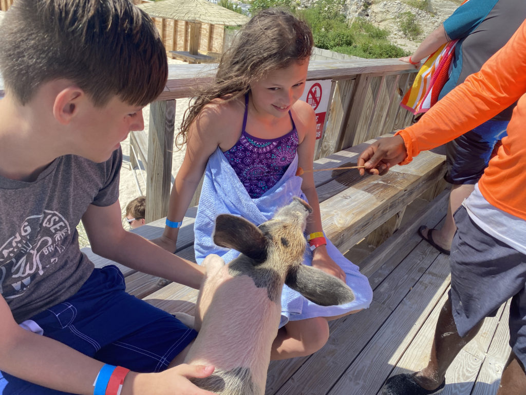 a girl and boy sitting on a wooden deck with a pig