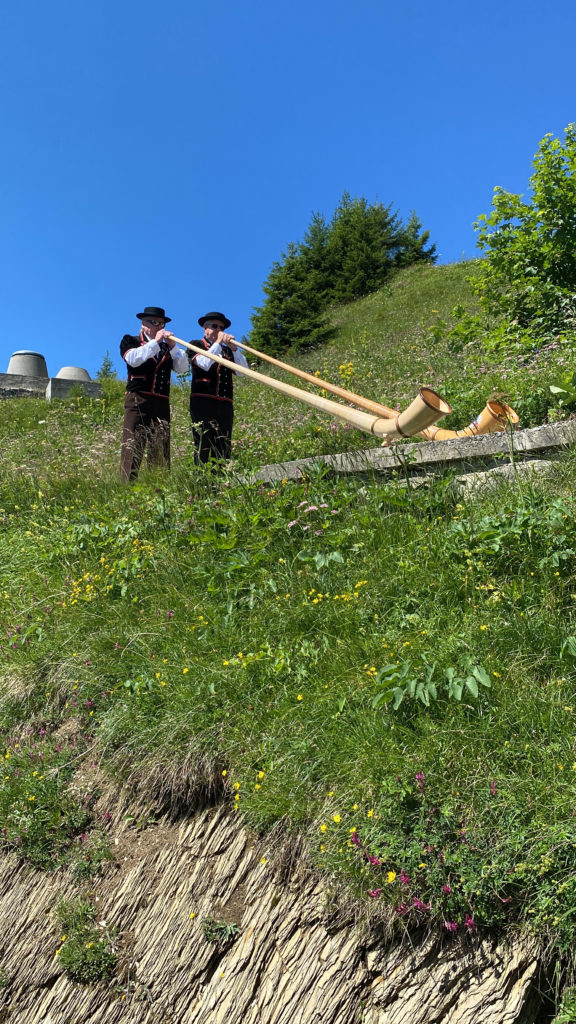 two men playing instruments on a hill