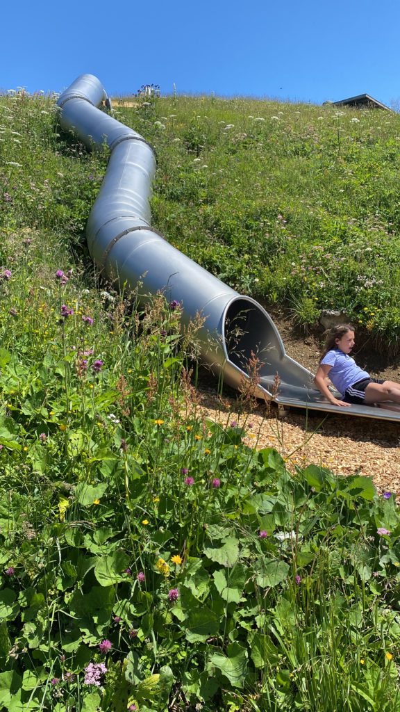 a girl sliding down a tube