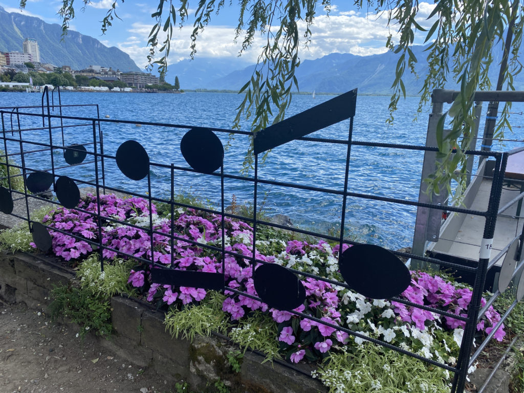 a fence with flowers and a body of water