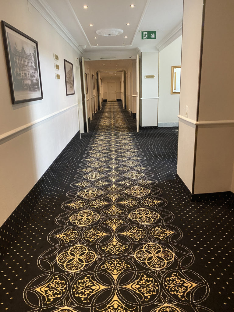 a hallway with a patterned carpet