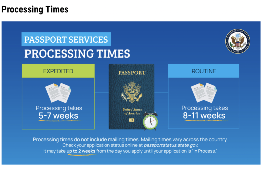 a blue and green banner with a passport and a clock