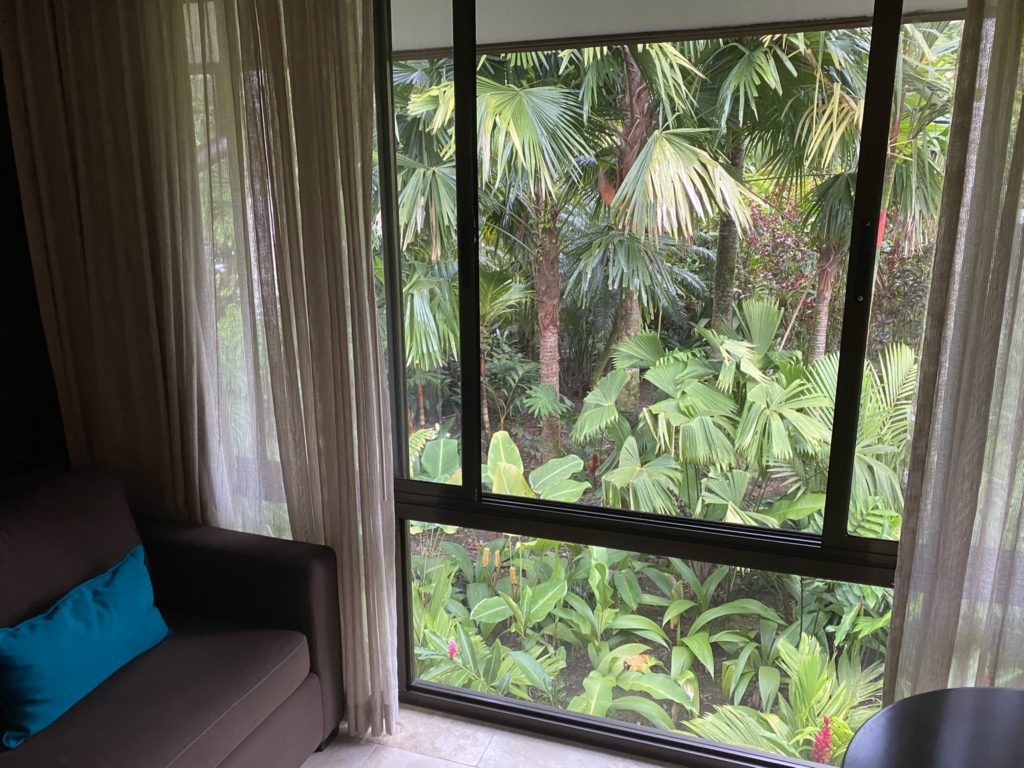 a room with a window and a couch