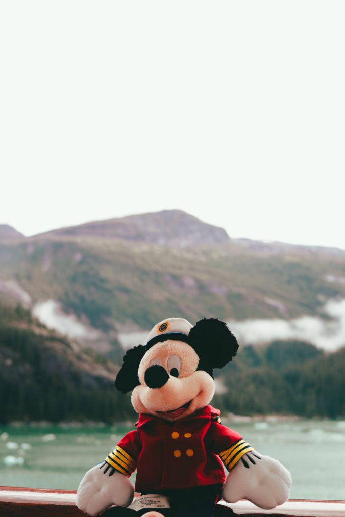 a stuffed animal in front of a mountain